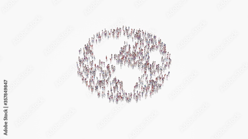 Poster 3d rendering of crowd of people in shape of symbol of globe americas on white background isolated
