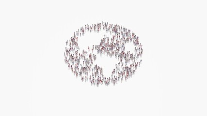 3d rendering of crowd of people in shape of symbol of globe Americas on white background isolated