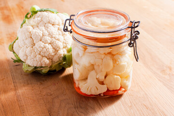 The delicious and natural pickled cauliflower on a table