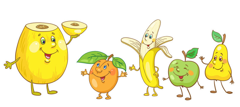 Fruts in cartoon style. Melon, apricot, banana, apple and pear. Isolated on white background. Vector illustration.