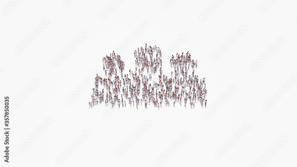 Poster 3d rendering of crowd of people in shape of symbol of group on white background isolated