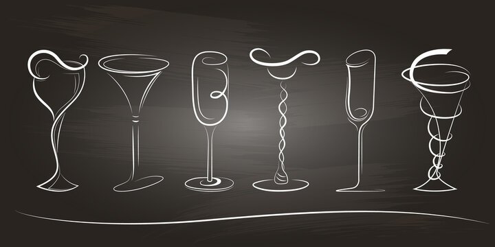 Set of stylized glasses on chalkboard. Design elements. Hand-drawn. Isolated