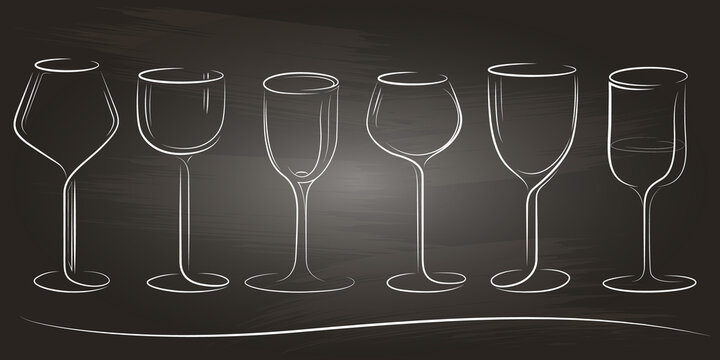 Set of stylized glasses on chalkboard. Design elements. Hand-drawn. Isolated