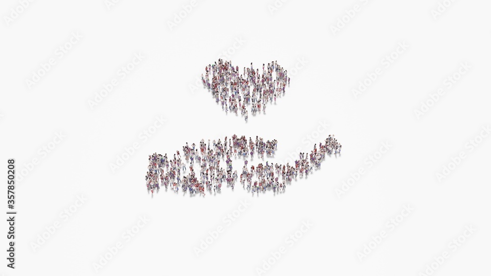 Poster 3d rendering of crowd of people in shape of symbol of hand holding heart on white background isolate