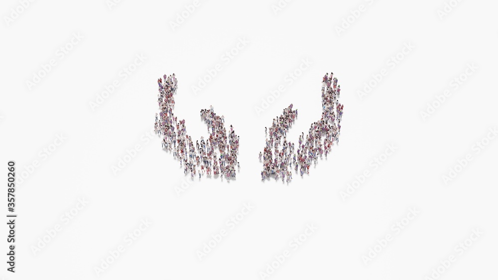 Aufkleber 3d rendering of crowd of people in shape of symbol of hands on white background isolated
