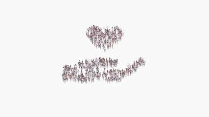 3d rendering of crowd of people in shape of symbol of hand holding heart on white background isolated