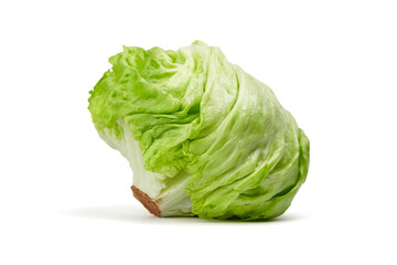 Crisphead lettuce, one whole head of iceberg lettuce, leafy green vegetable isolated on white background