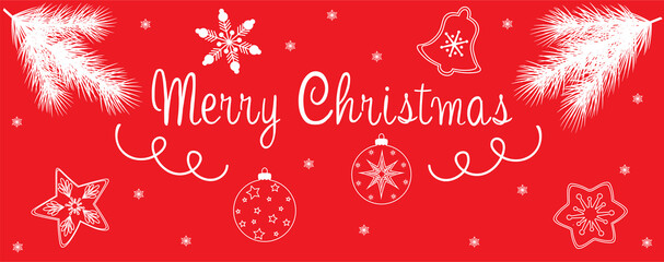 Happy Christmas banner on red background with snowflakes vector illustration