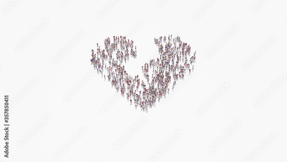 Poster 3d rendering of crowd of people in shape of symbol of heart broken on white background isolated