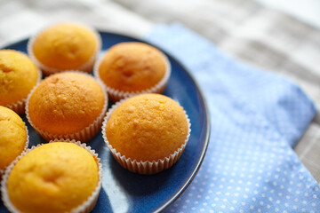 Homemade bakery. Pumpkin muffins on blue plate on table with tablecloth, selective focus. Plant-based food