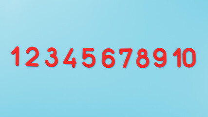 Red numbers on a blue background in a row from one to ten.