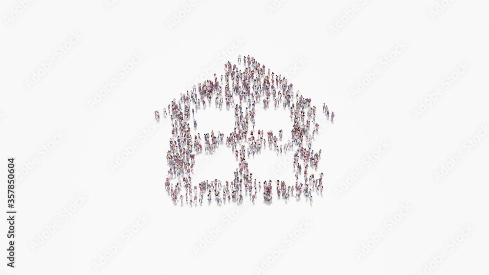 Poster 3d rendering of crowd of people in shape of symbol of home on white background isolated
