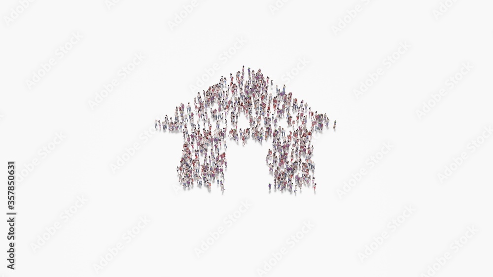 Poster 3d rendering of crowd of people in shape of symbol of home button on white background isolated