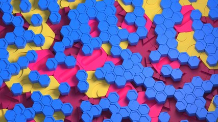 Large and small hexes form a cool abstract background. Red and blue colors look great. 3d render.