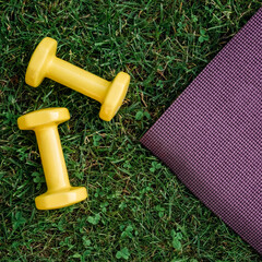 Set of two  yellow dumbbells and purple rubber Mat on a green grass background, top view. Staying in shape. Fitness and shape. Female exercise gear. Сoncept of outdoor fitness, nobody. Digital detox.
