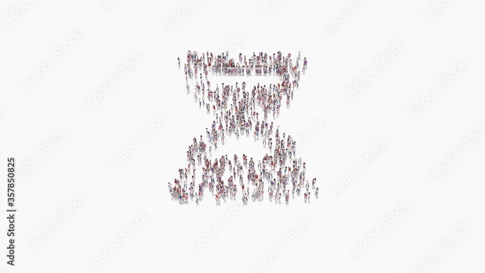 Poster 3d rendering of crowd of people in shape of symbol of hourglass half on white background isolated