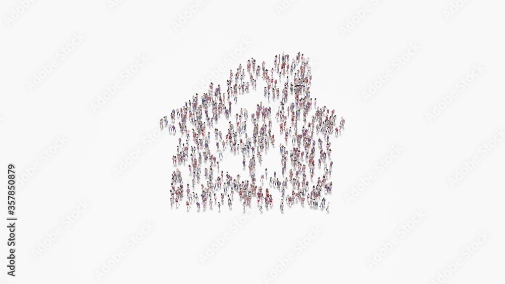 Poster 3d rendering of crowd of people in shape of symbol of house on white background isolated