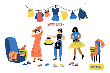 Swap party vector illustration isolated on white background. Friends exchange their clothes and shoes. Three nice women on an eco-friendly event. Landing page template.