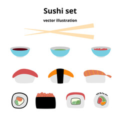 Sushi and roll set japanese food. Different types of rolls with soy sauce wasabi and ginger. Vector illustration in flat style on isolated white background