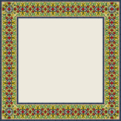 Obraz premium card diploma certificate frame floral ornament traditional arabic muslim victorian gems imitation above polished yellow marble, sqare size, editable vector illustration