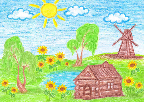 Pencils drawing , Countryside house and old windmill, colorful self drawn picture