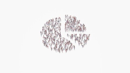 3d rendering of crowd of people in shape of symbol of chart pie on white background isolated
