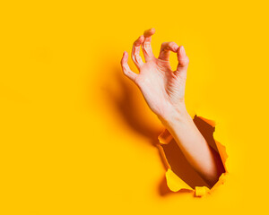 Hand making okay gesture through holes on yellow background.