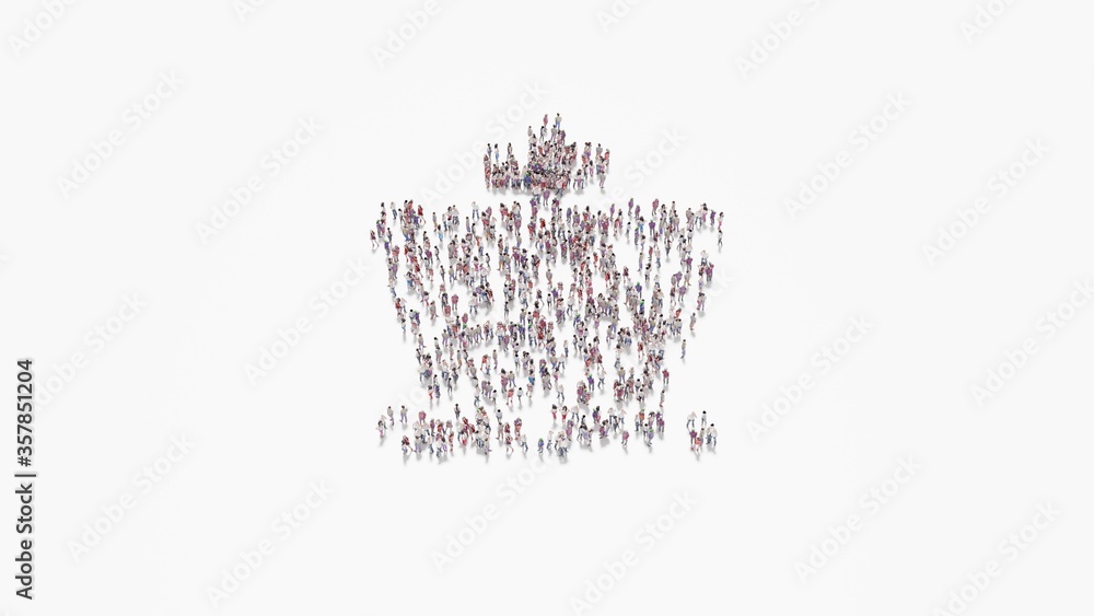 Poster 3d rendering of crowd of people in shape of symbol of chess king on white background isolated