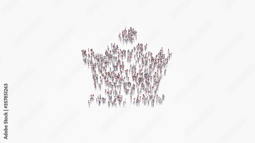 Poster 3d rendering of crowd of people in shape of symbol of chess queen on white background isolated