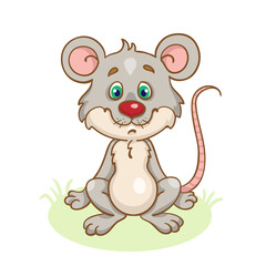 Little funny gray mouse sits on the grass. In cartoon style. Isolated on white background. Vector illustration.