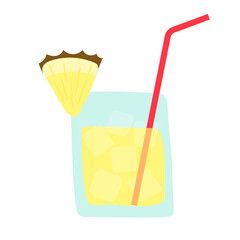 Fresh summer pineapple cocktail. Drink with ice in a glass on a white background. Relax on the beach, vacation at sea. Party with alcoholic drinks. Vector isolated doodle illustration.