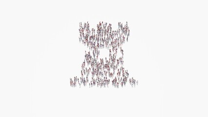 3d rendering of crowd of people in shape of symbol of chess rook on white background isolated