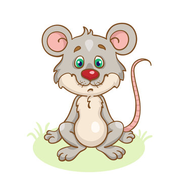 Little funny gray mouse sits on the grass. In cartoon style. Isolated on white background. Vector illustration.