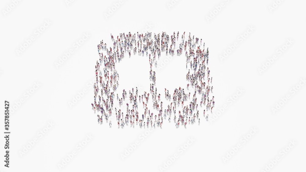 Poster 3d rendering of crowd of people in shape of symbol of ibook on white background isolated