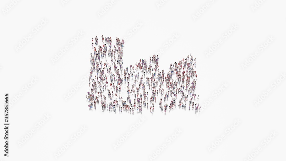 Poster 3d rendering of crowd of people in shape of symbol of industry on white background isolated