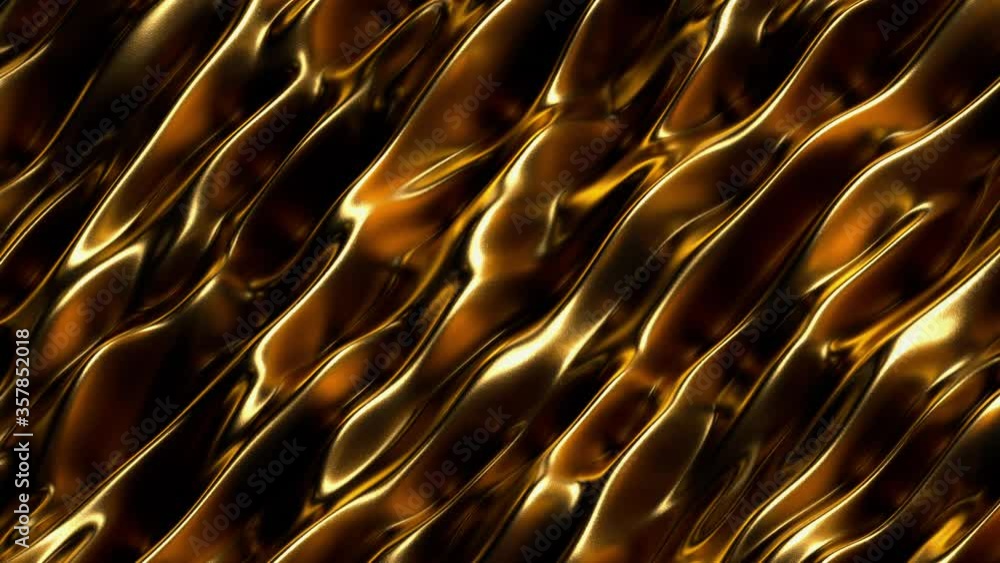 Poster Liquid gold abstract surface background with waves and ripples. Golden foil wavy surface 3D animation. 4k seamless loop 3d render.