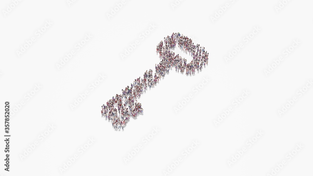 Poster 3d rendering of crowd of people in shape of symbol of key on white background isolated