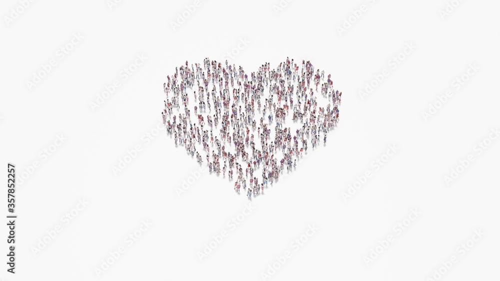 Poster 3d rendering of crowd of people in shape of symbol of like on white background isolated