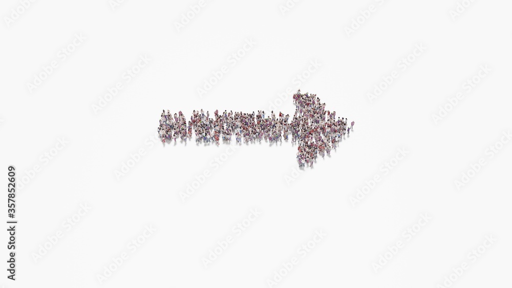 Poster 3d rendering of crowd of people in shape of symbol of long arrow right on white background isolated