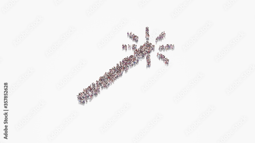 Poster 3d rendering of crowd of people in shape of symbol of magic wand on white background isolated