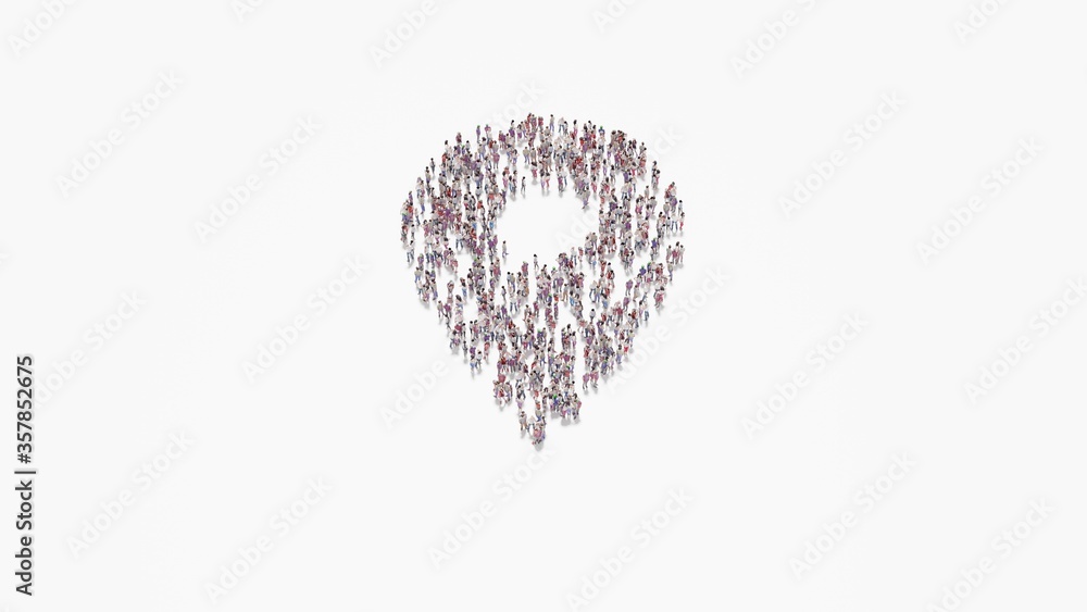 Aufkleber 3d rendering of crowd of people in shape of symbol of map placeholder on white background isolated