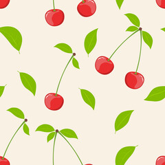 Seamless pattern of cherry berries with leaves and processes on a pink background.