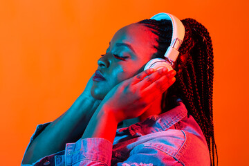 Neon portrait of young african woman listening music with earphones.
