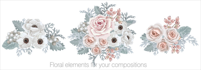 Vector floral set with leaves and flowers. Elements for your compositions, greeting cards or wedding invitations. Roses, white anemones and rose berries