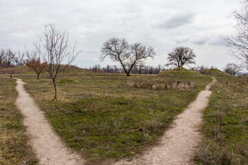 Naklejka premium Trail on the island of Khortytsia in Zaporizhzhya in early spring. Ukraine