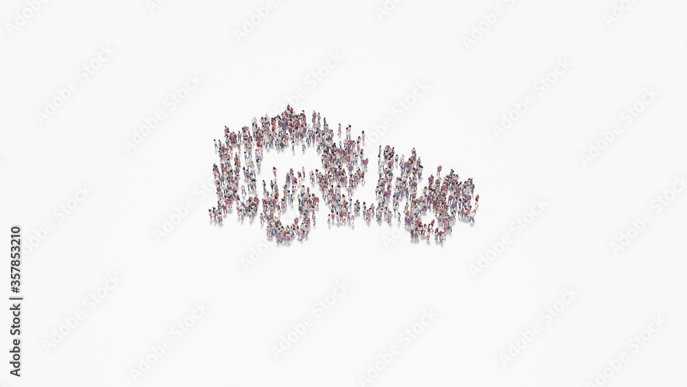 Poster 3d rendering of crowd of people in shape of symbol of moving on white background isolated