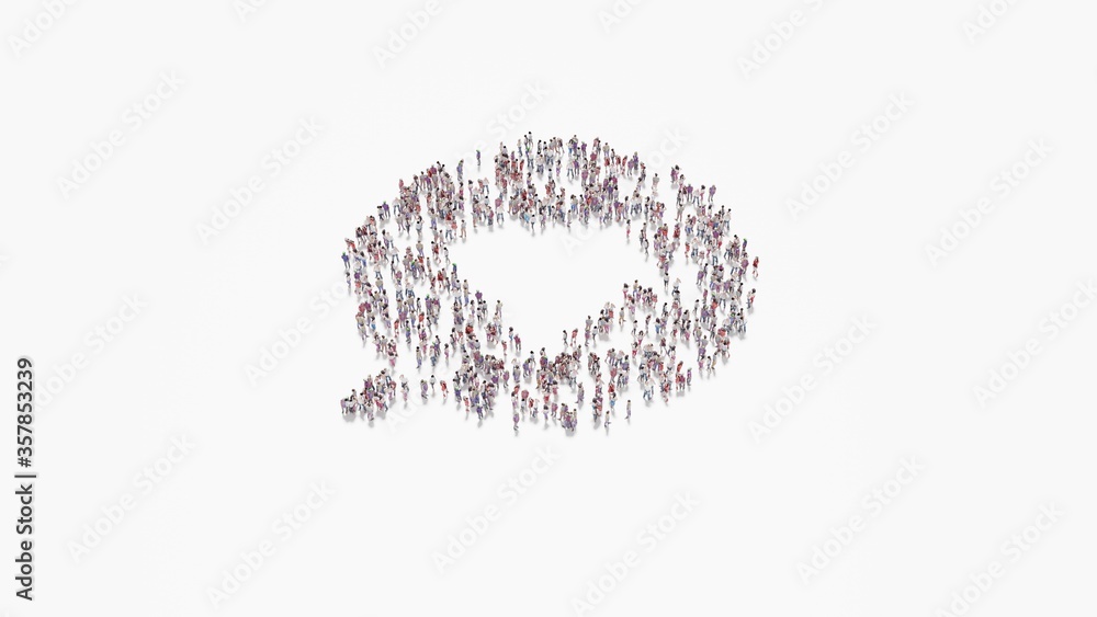 Poster 3d rendering of crowd of people in shape of symbol of multimedia on white background isolated