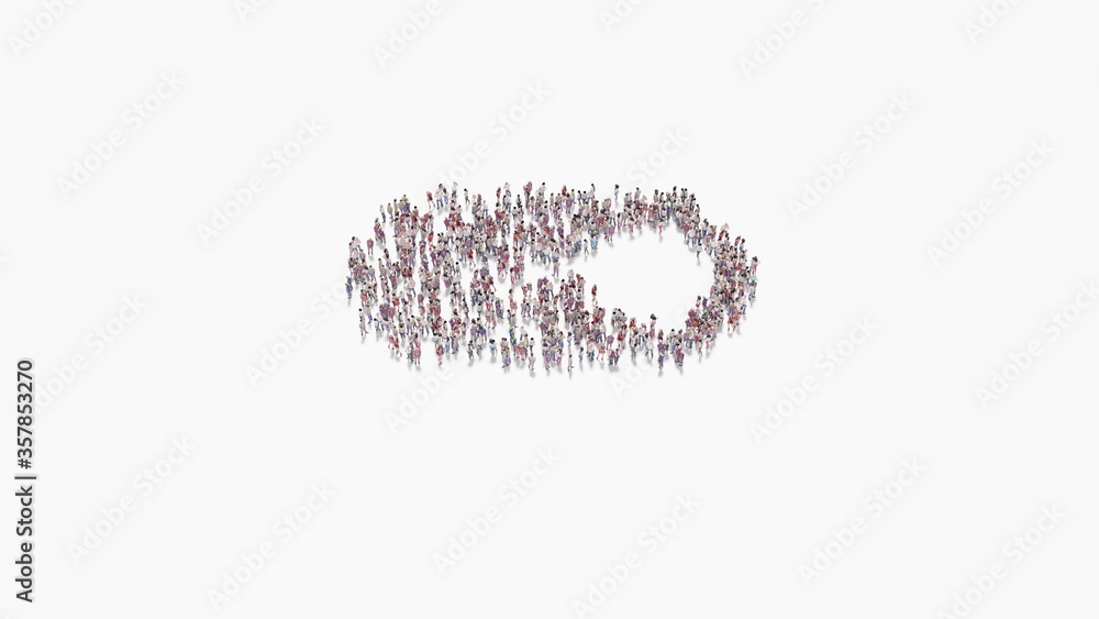 Poster 3d rendering of crowd of people in shape of symbol of multimedia on white background isolated