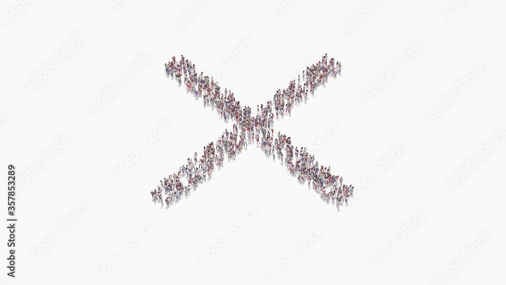 Poster 3d rendering of crowd of people in shape of symbol of multiply on white background isolated