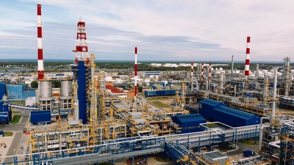 Aerial shot over a pipe infrastructure in an oil refinery in Gdansk, Poland. . High quality photo